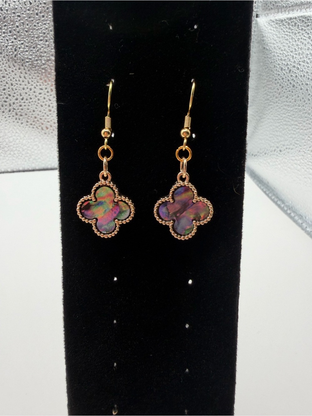 Gold Clover Drop Earrings with Iridescent Multicolor Inlay